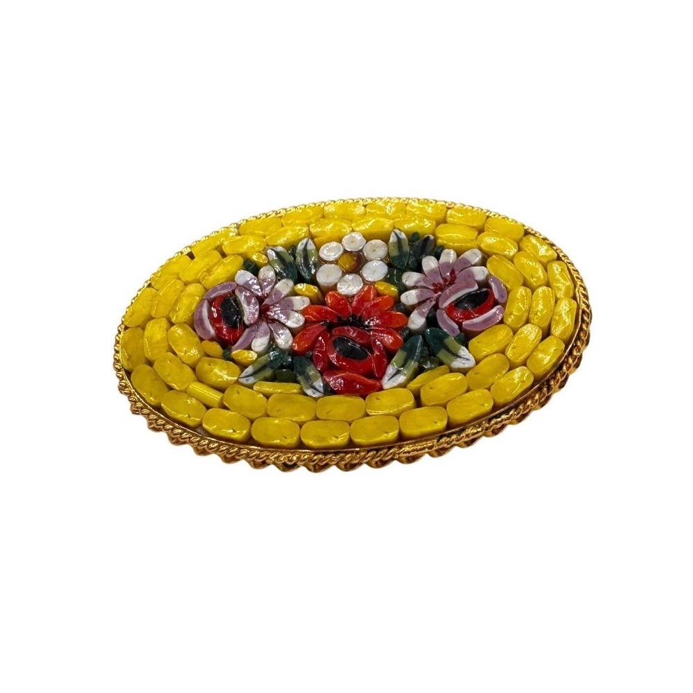 Vintage Italy Micro Mosaic‎ Floral Brooch Yellow Gold Tone Oval Pin Accessory